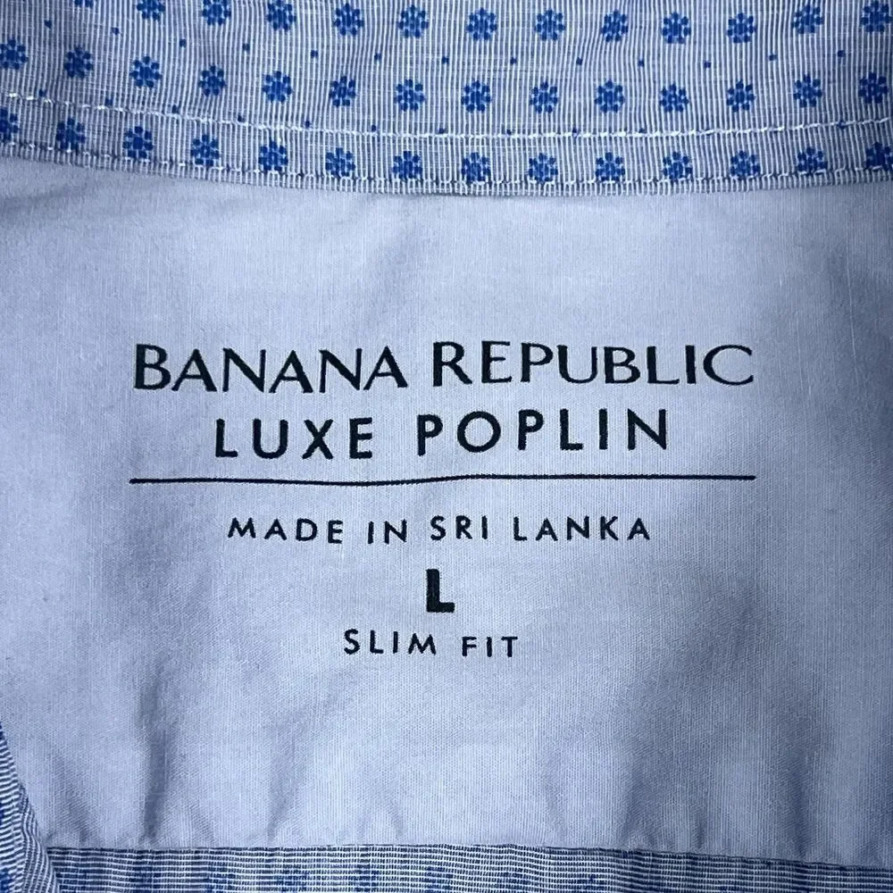 Banana Republic Luxe Poplin Slim Fit Blue Print Short Sleeve Button Down Shirt